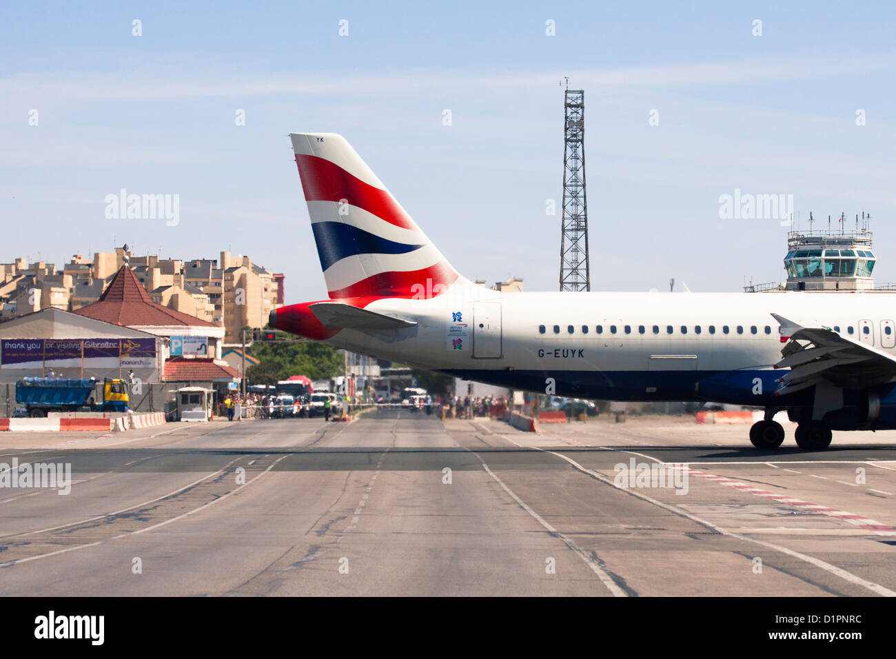 British Airways Airbus landing at Gibraltar Airport. 2 July 2012, Gibraltar, UK. Stock Photo