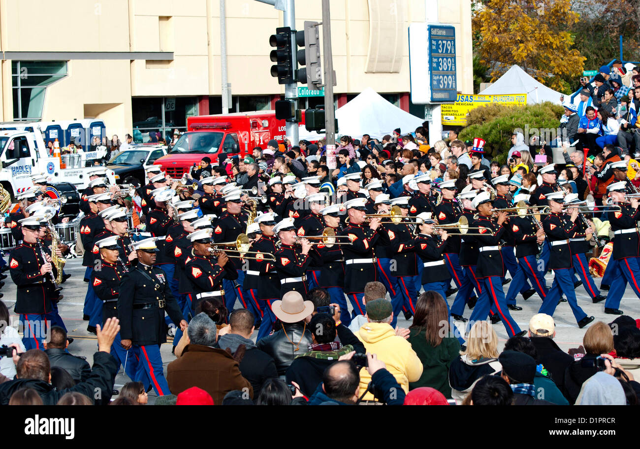 Members of the U.S. Marine Corps West Coast Composite Band make their way along the parade route during the 124th Rose Parade in Pasadena, California, on Tuesday, January 1, 2012. Stock Photo