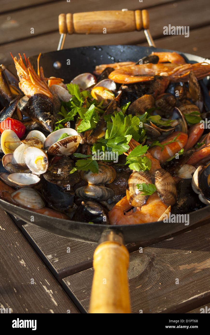 seafood sautè, a typical Italian soup with seafood sauteed in the pan Stock Photo