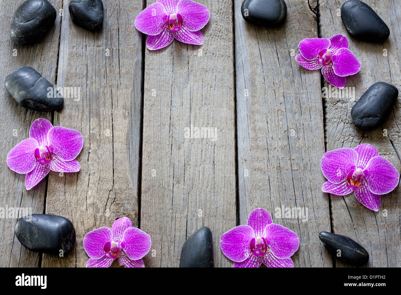 Orchids on wooden boards spa cosmetic abstract vintage background concept creative still life Stock Photo