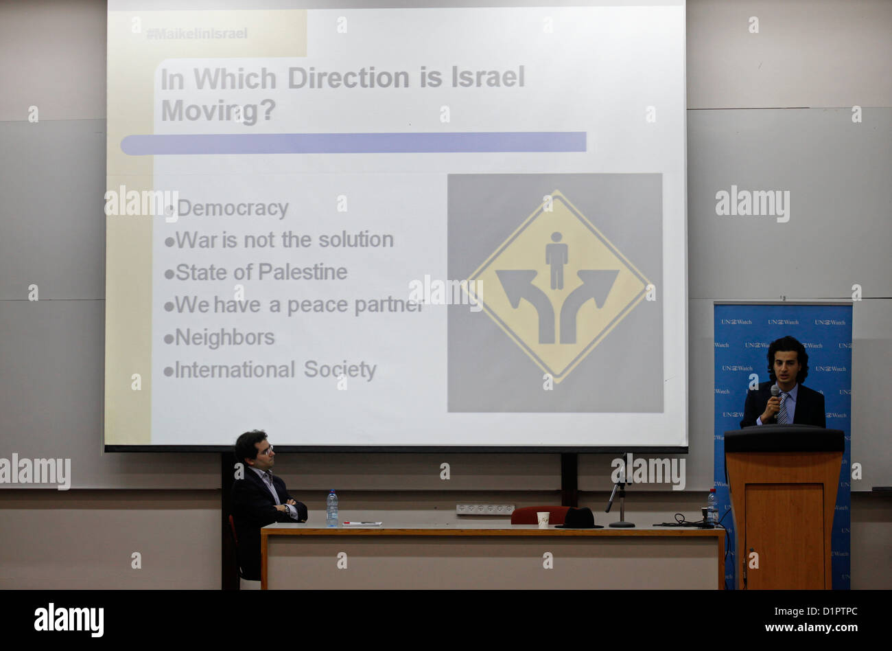 Maikel Nabil Sanad, an Egyptian blogger and political activist carries a speech in Tel Aviv University on 02 January 2012. Maikel became famous in 2010 for refusing to serve in the Egyptian army, then in 2011 for his role in the Egyptian revolution. He is known for promoting liberal democratic values in Egypt, and campaigning for peaceful relations between Egypt and Israel. Stock Photo