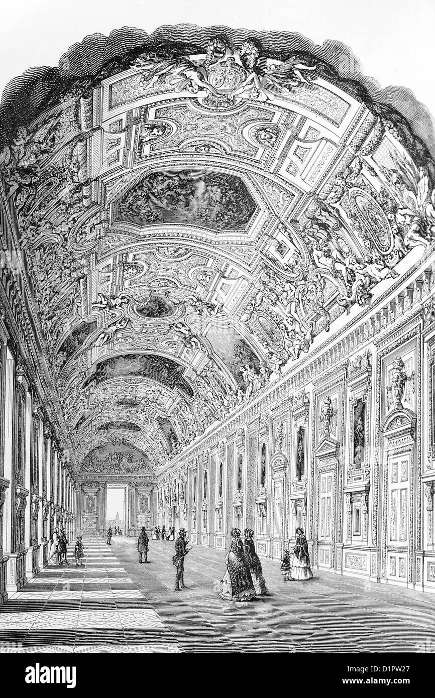 Louvre, Paris. Apollo gallery. Antique illustration, 1856. Stock Photo