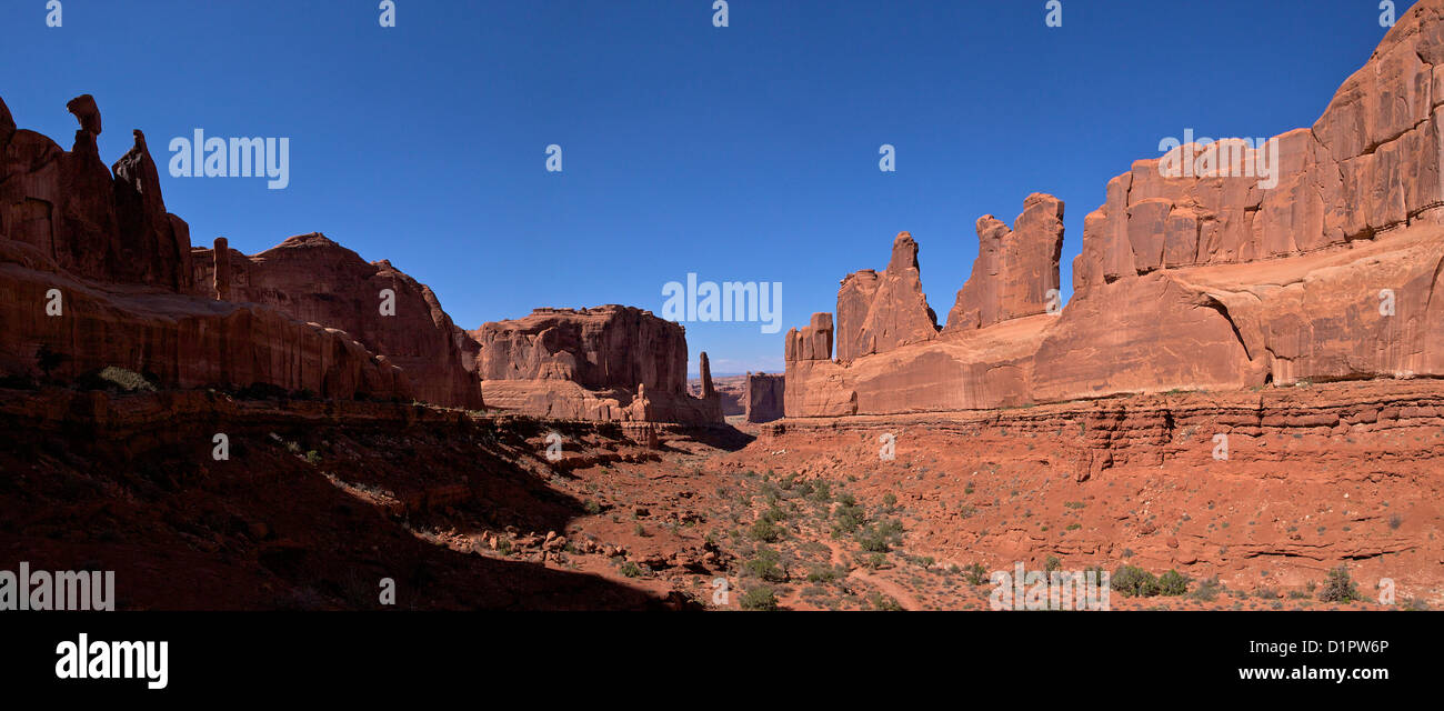 Panoramic photo of Park Lane, Arches National Park, Moab, Utah, USA Stock Photo
