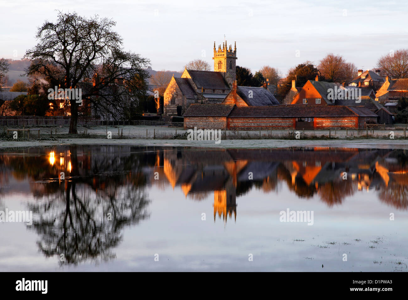 A flooded field beside the village of Great Wishford in Wiltshire, England. Stock Photo