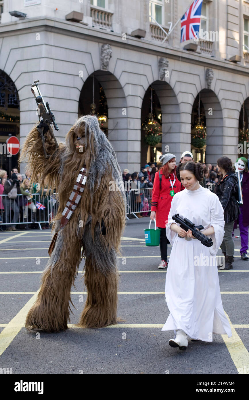 Chewbacca and Princess Leia walking by the Ritz Hotel in London England Stock Photo