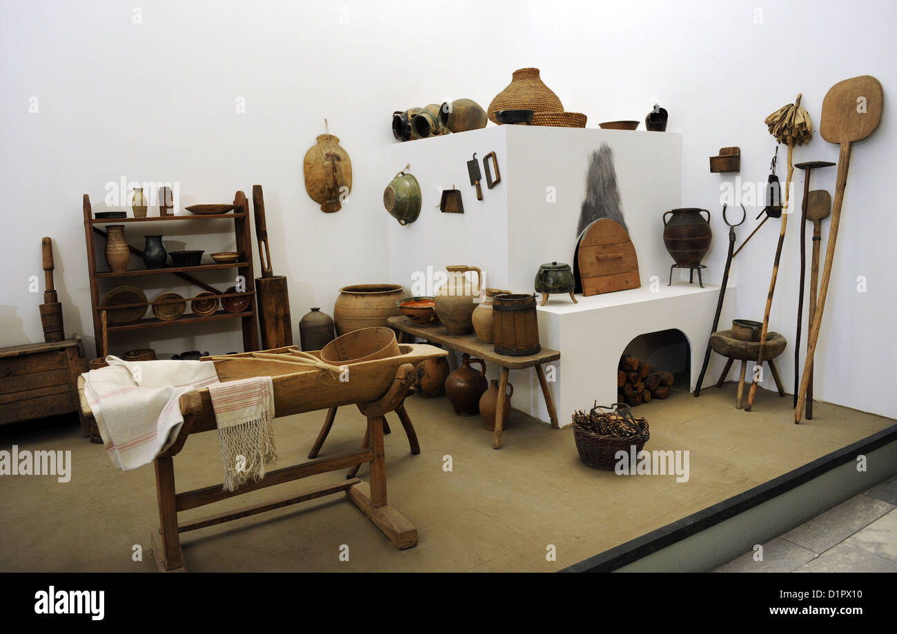 Interior of a house from the Orseg region. Early 19th century. Museum of Ethnography. Budapest. Hungary. Stock Photo