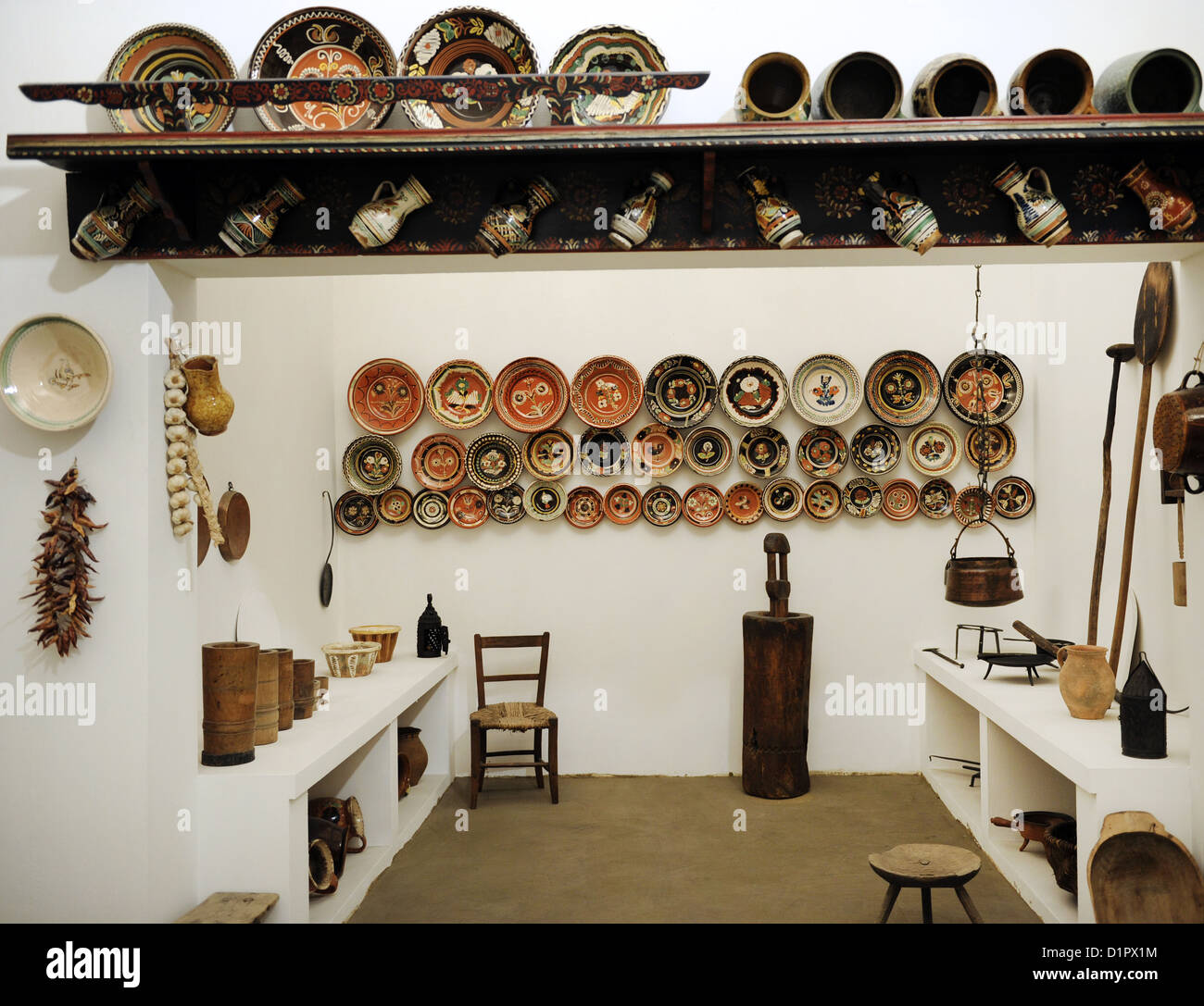 Interior of a house from the Sarkoz region. Second half of 19th century. Museum of Ethnography. Budapest. Hungary. Stock Photo