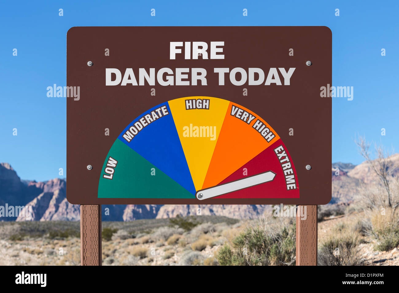 Extreme fire danger today sign with Mojave desert background Stock Photo