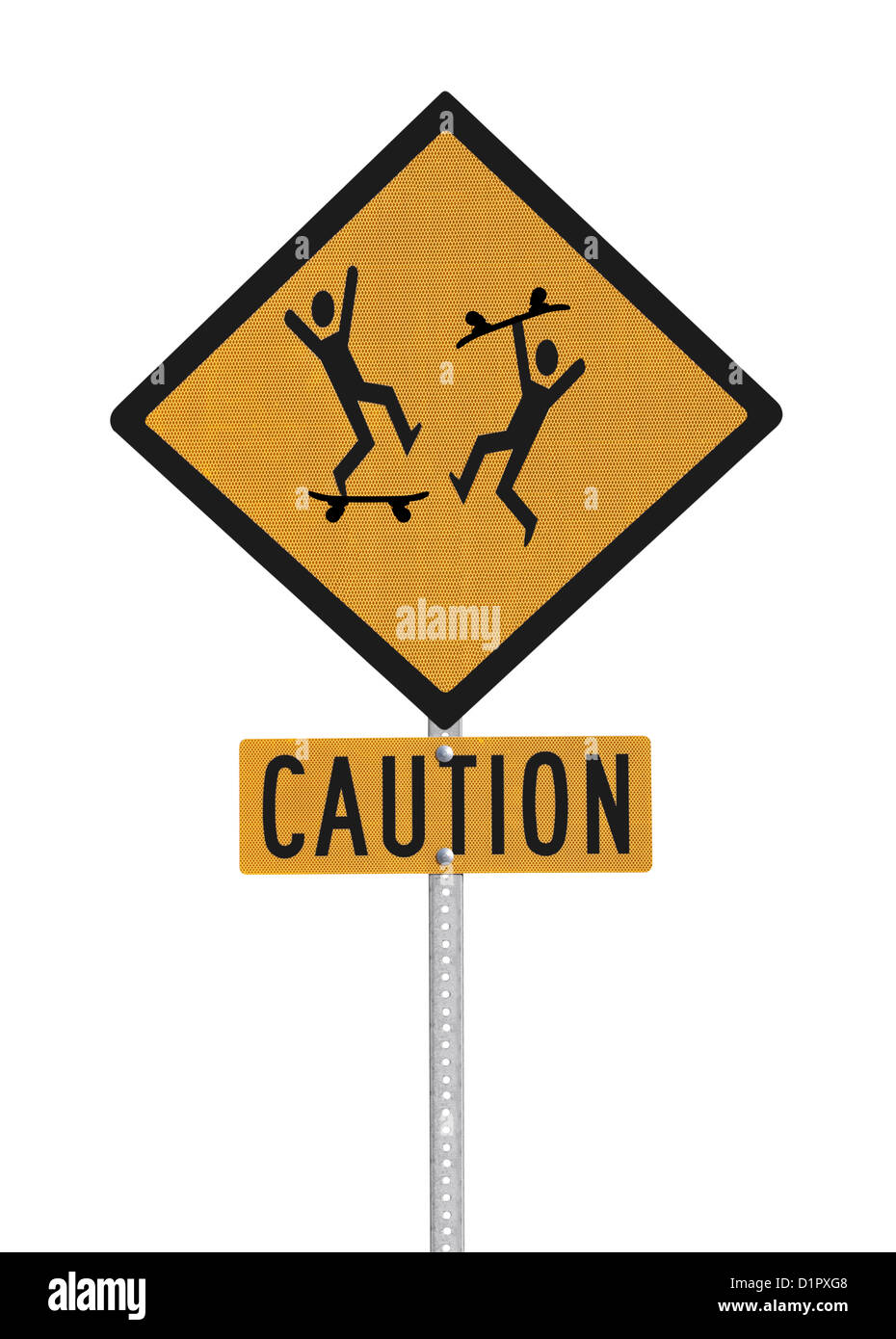 Crazy skate board riders caution sign isolated with clipping path. Stock Photo
