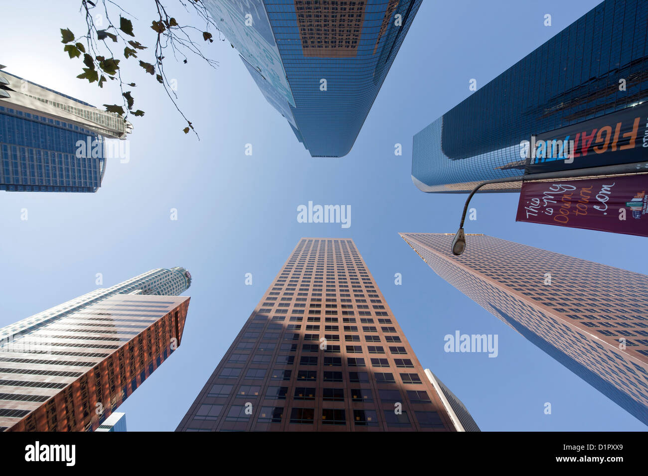 Worm's-eye view of Downtown Los Angeles skyscrapers, California, United States of America, USA Stock Photo