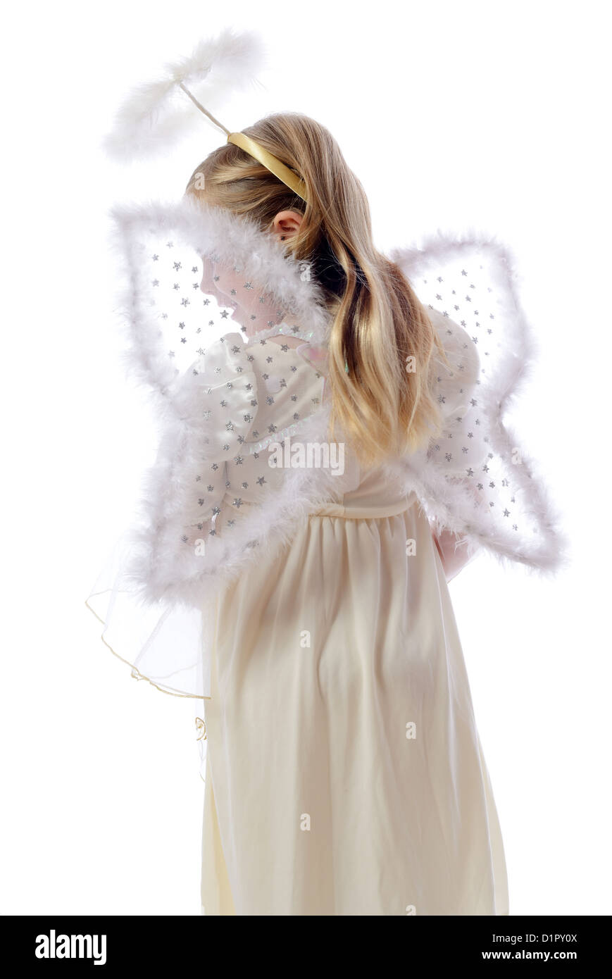 Little Angel girl , back , isolated on white background Stock Photo - Alamy