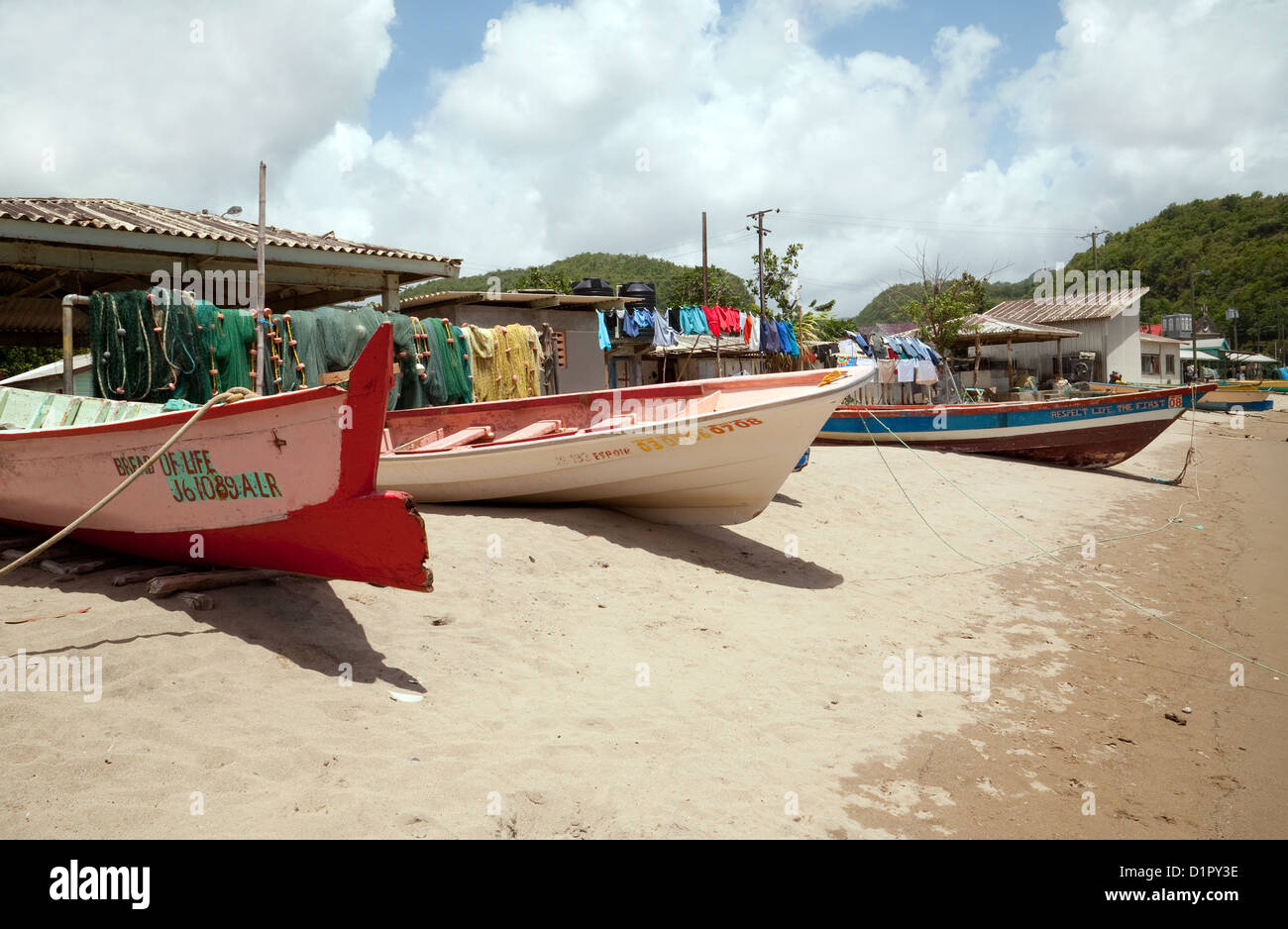 Fishing boats on the beach at Anse la Raye village, St Lucia, Caribbean, West indies Stock Photo