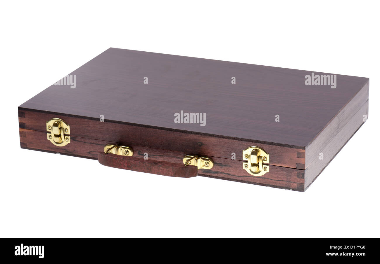 dark wooden box with brass latches isolated on white Stock Photo Alamy