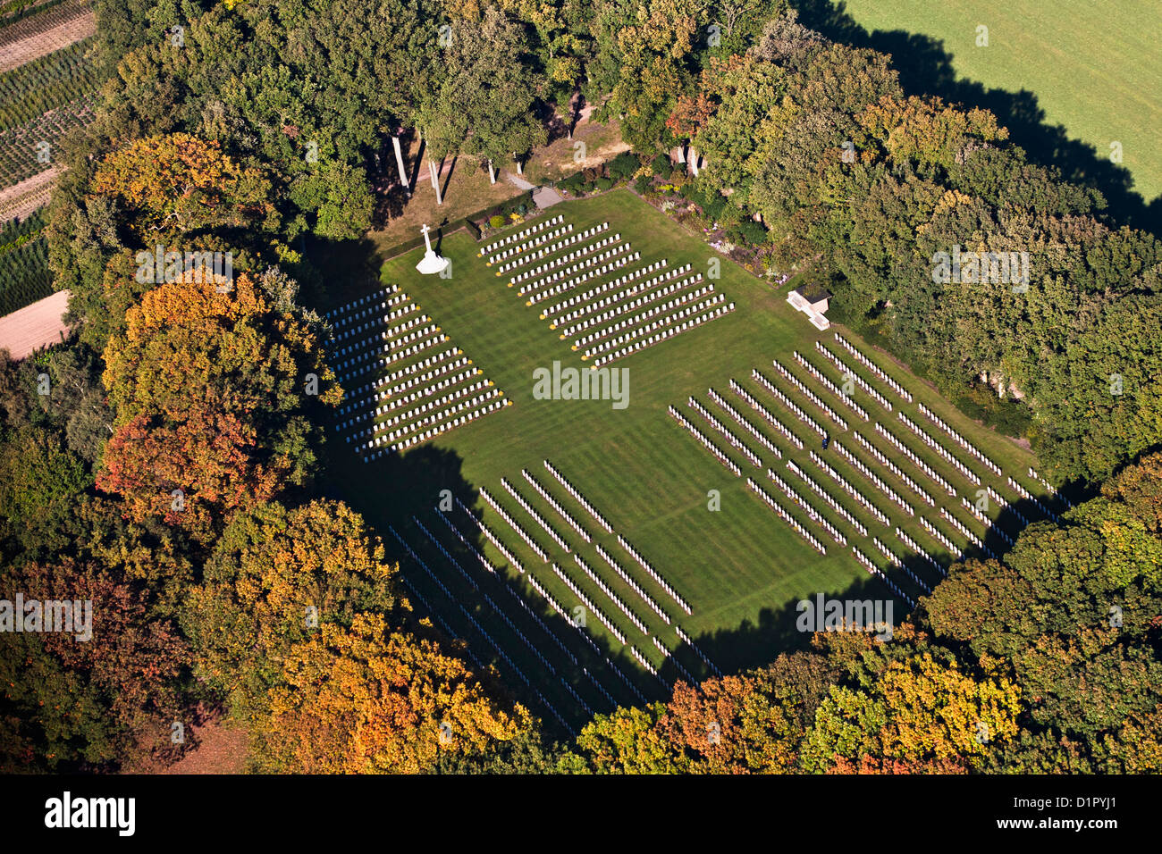 The Netherlands, Oosterbeek, Airborne War Cemetery, Mainly graves of British soldiers. Aerial. Stock Photo