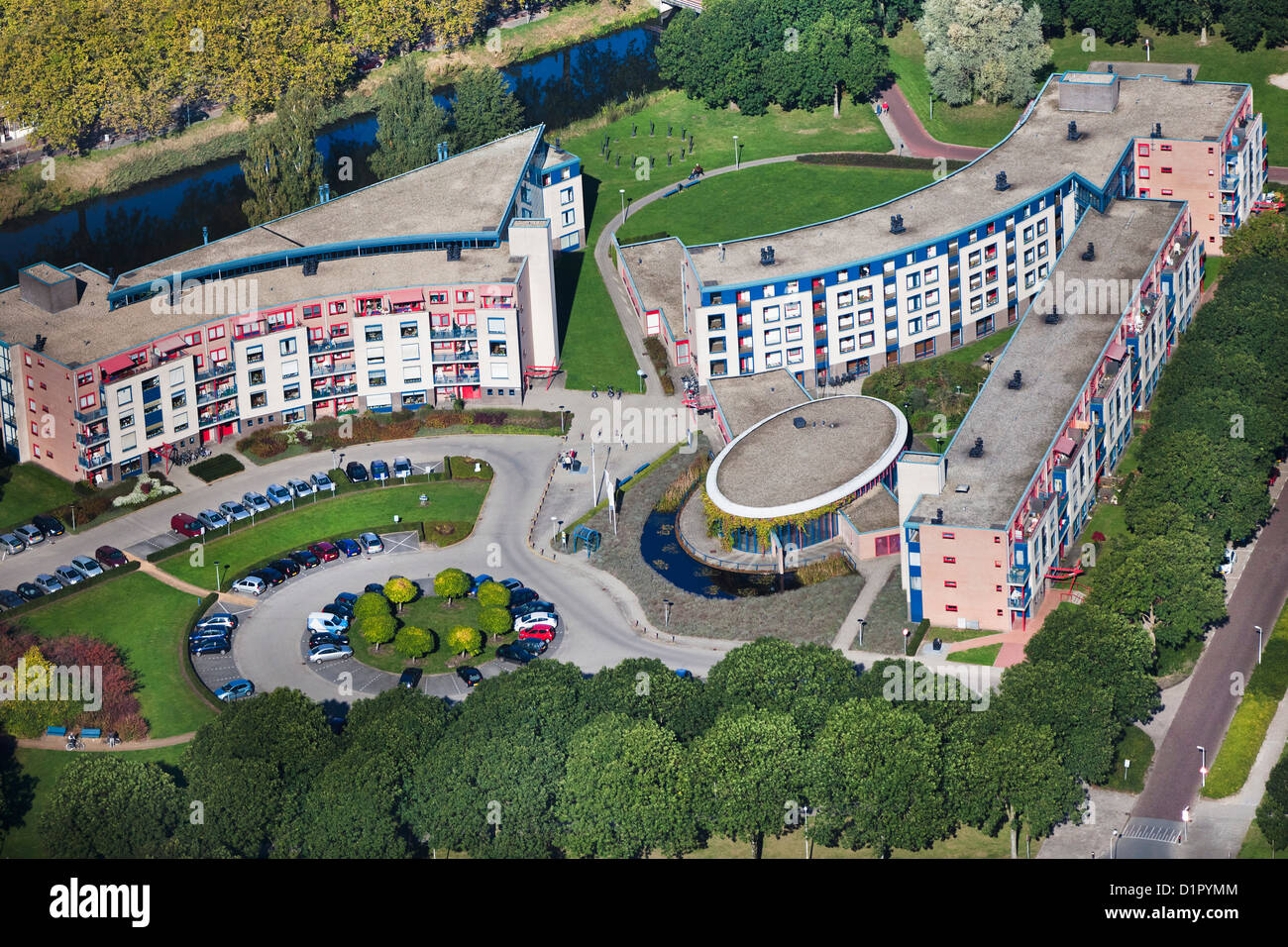 The Netherlands, Zutphen, Residential apartment buildings. Aerial. Stock Photo