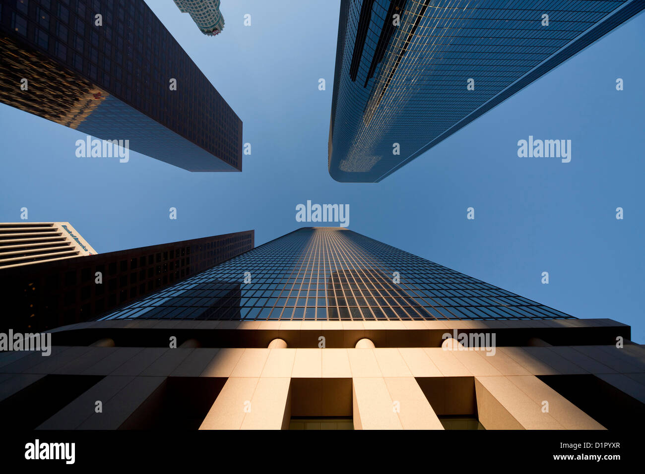 Worm's-eye view of Downtown Los Angeles skyscrapers, California, United States of America, USA Stock Photo