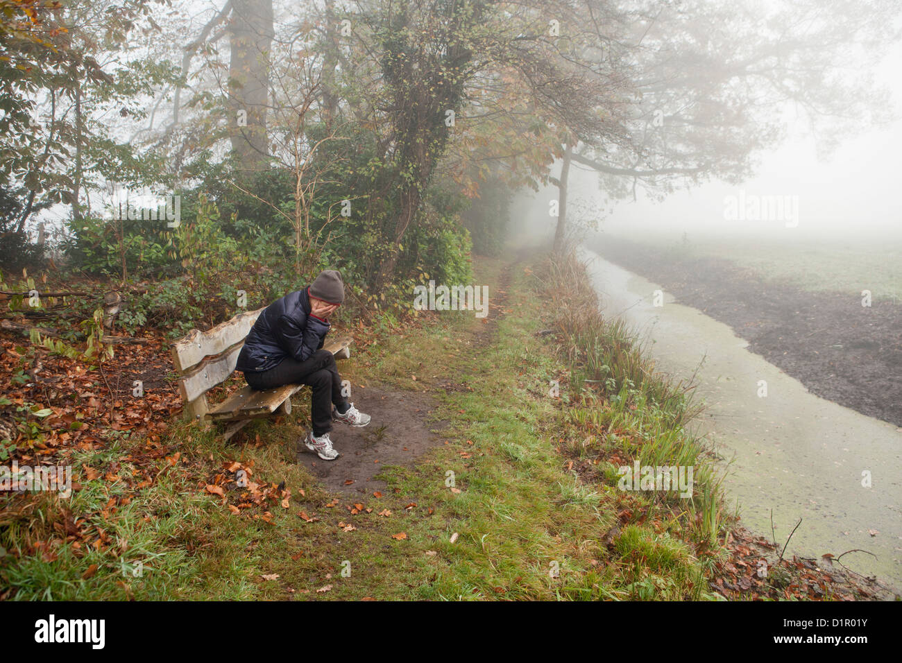 The Netherlands, 's-Graveland, Woman sitting on bench with hands in front of her face. Stock Photo
