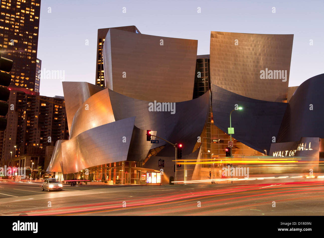 modern architecture by Frank Gehry at night, Walt Disney Concert Hall, Downtown Los Angeles, California, United States, USA Stock Photo