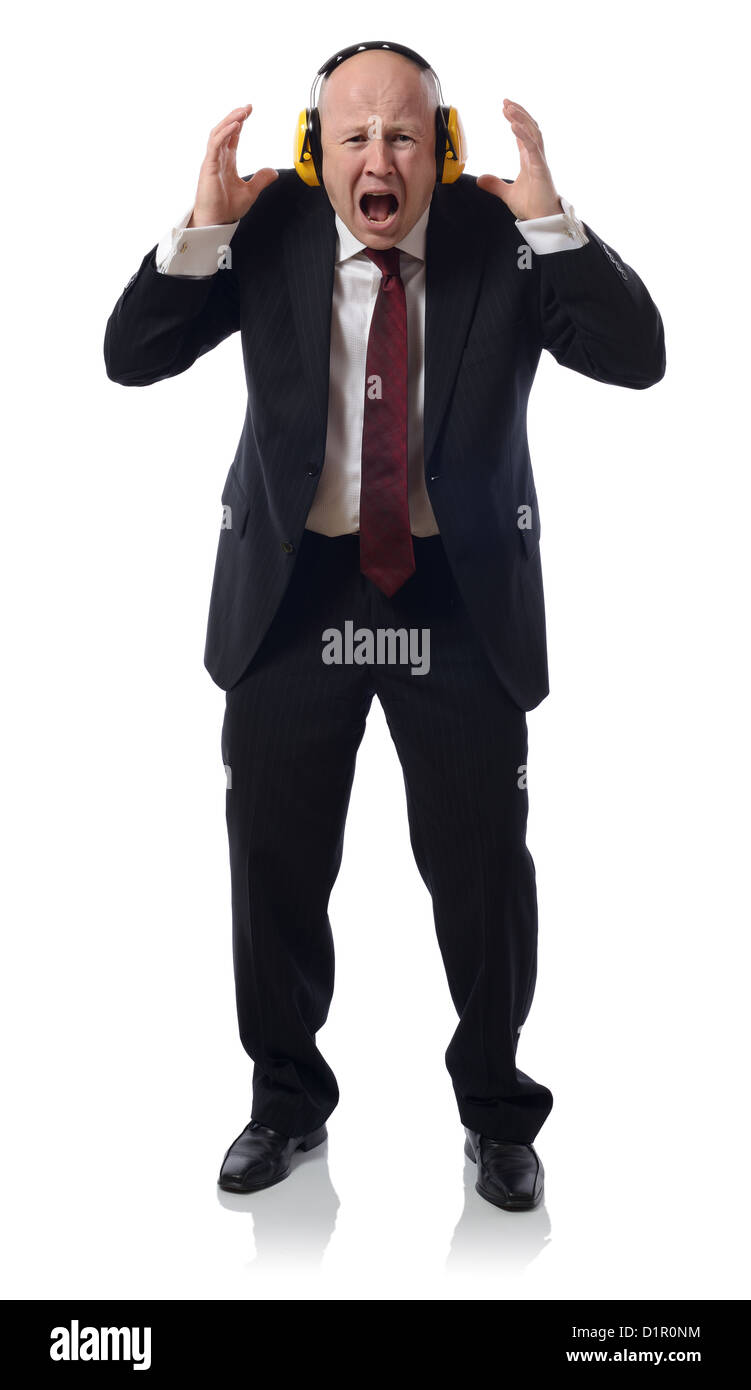 concept of too much noise man in suit isolated on white Stock Photo