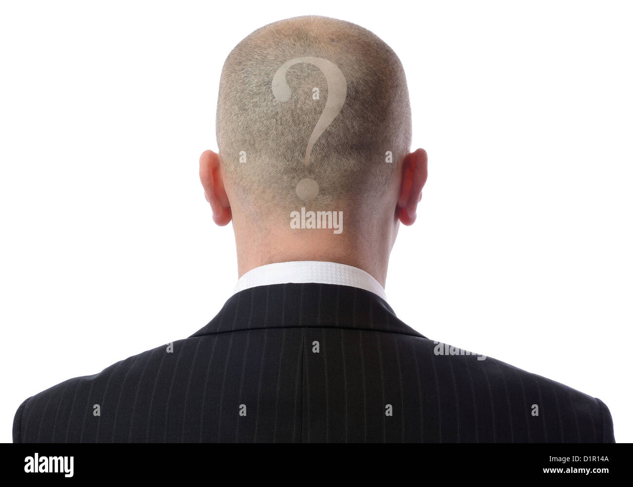 Rear view of bald man with a question mark shaved into hair wearing suit over white background Stock Photo
