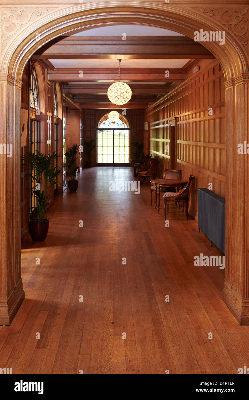 Wood panelled corridor in in Coombe Lodge, Blagdon near Bristol Stock