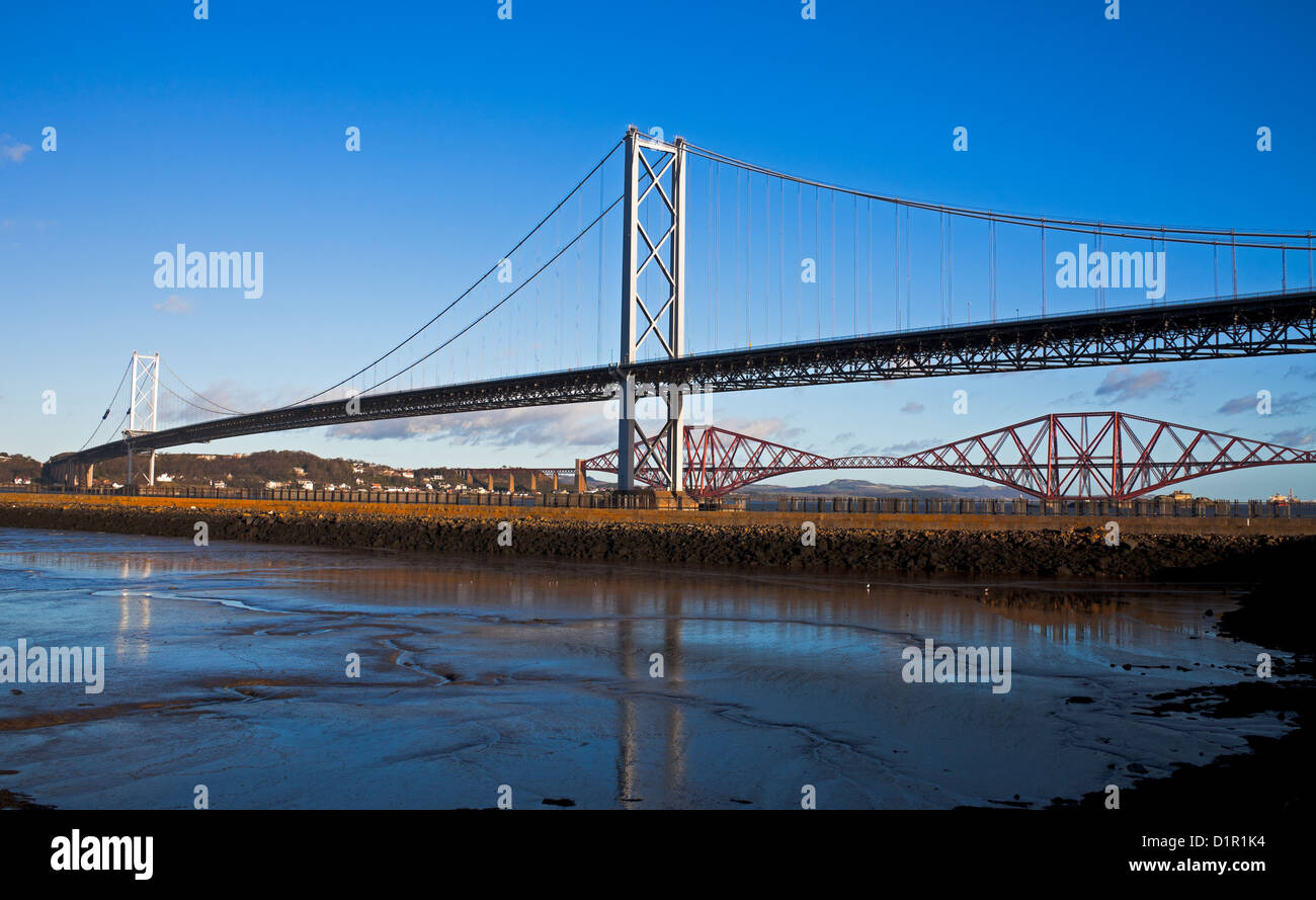 Forth Road Bridge with rail bridge in background, South Queensferry, Edinburgh, Scotland UK Europe Stock Photo