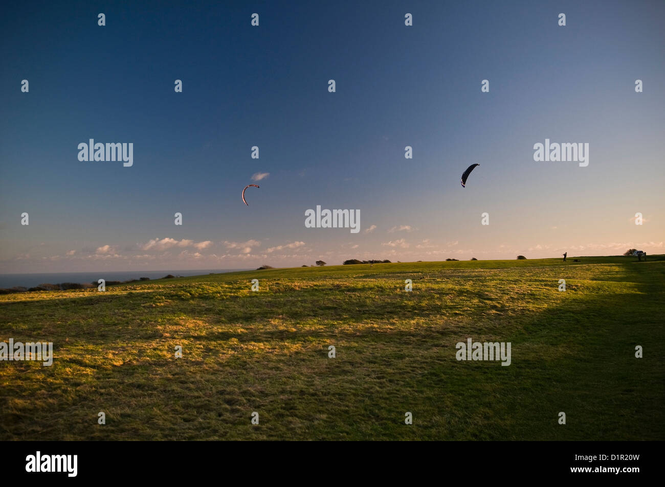 Kite flying on the cliff tops near Beachy Head, Eastbourne, East Sussex, UK Stock Photo
