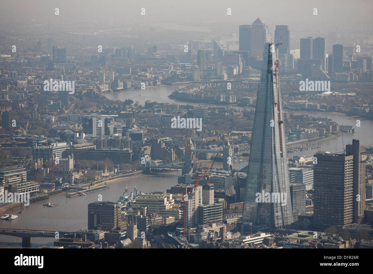 Aerial photograph showing the London skyline with the Shard and Canary Wharf  in the background Stock Photo