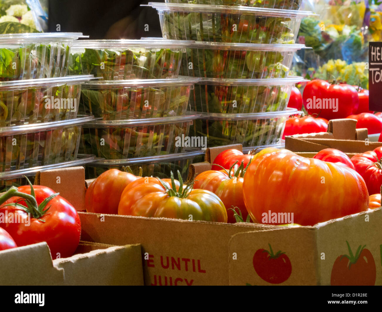Salad Containers and Tomatoes,  Eli Zabar's, Grand Central Market, NYC Stock Photo