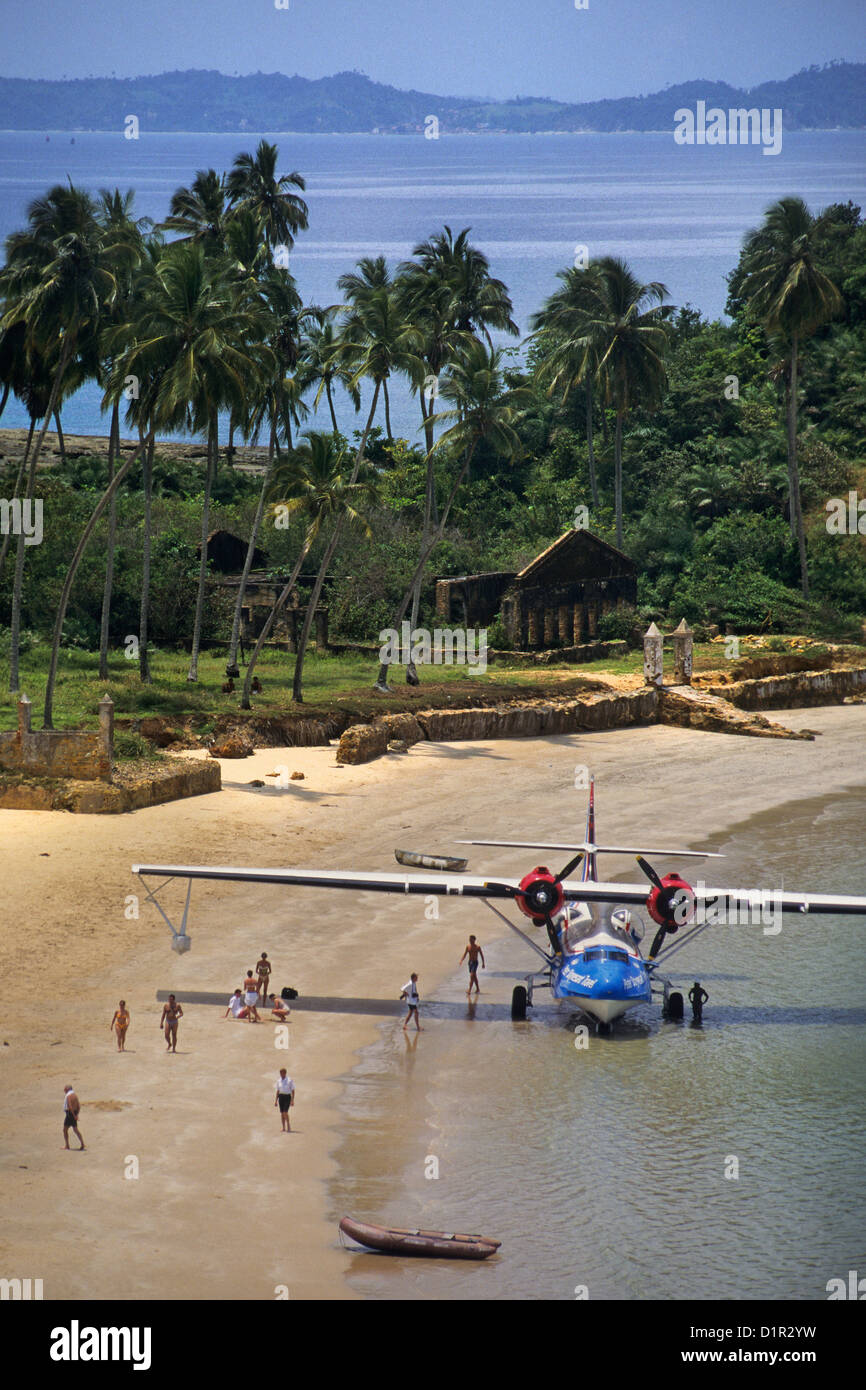 Brazil, Salvador de Bahia, Catalina PBY-5A hydroplane after landing on beach. Stock Photo