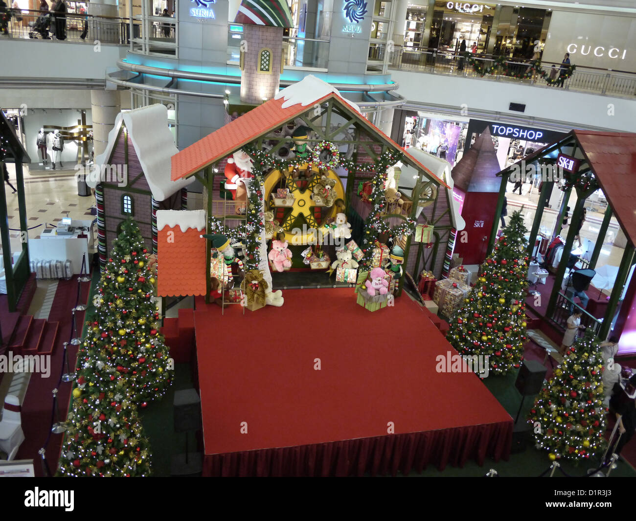 red stage Christmas tree decoration inside mall Stock Photo