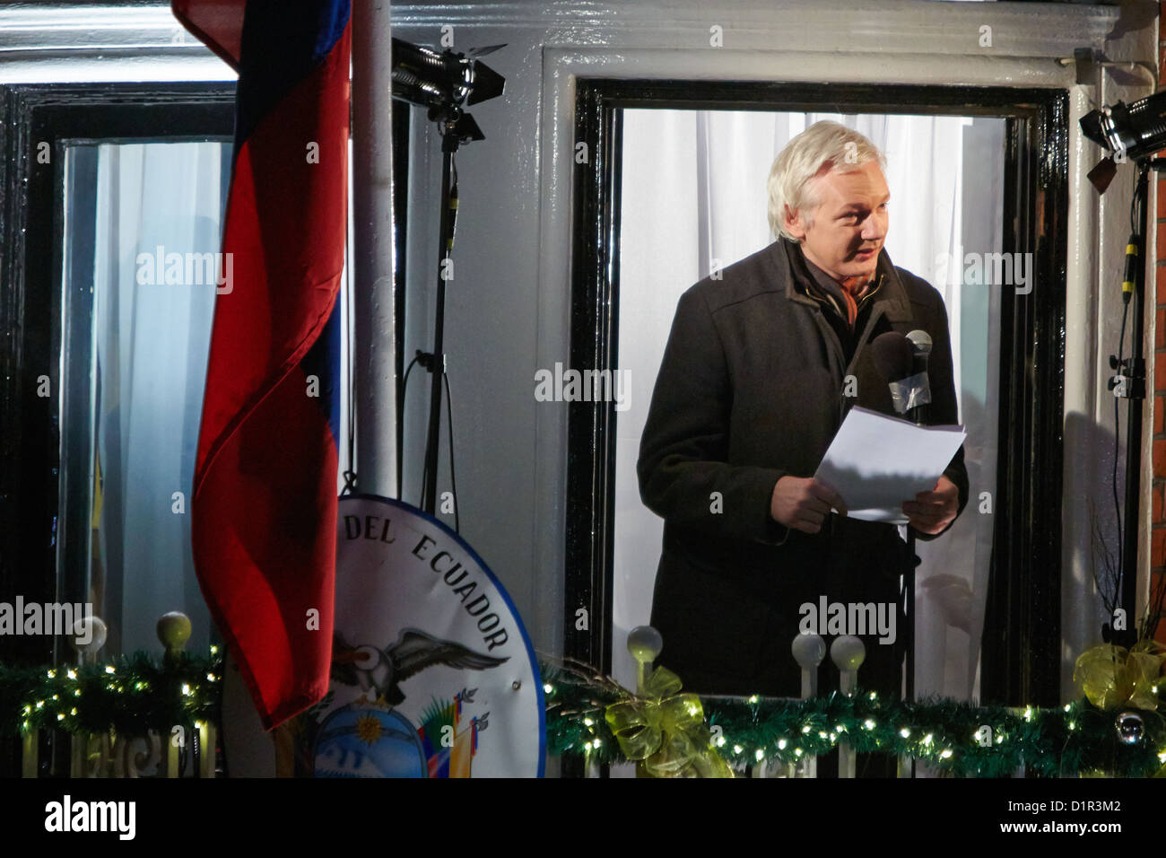 Wikileaks founder Julian Assange (pictured) gives an address from a balcony of the Ecuadorean embassy Stock Photo