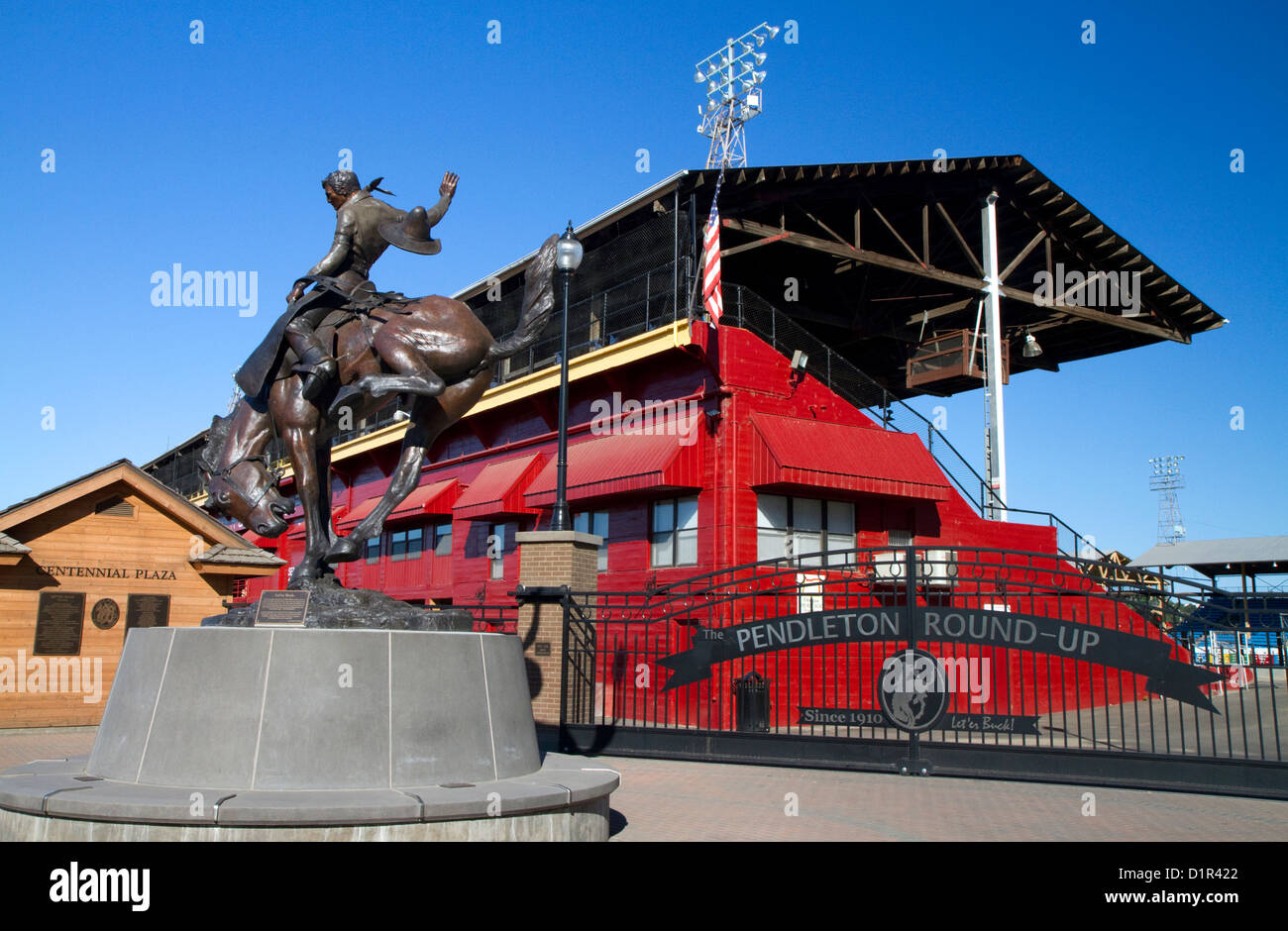 Bronze Bucking Horse statue at the Centennial Plaza in Pendleton, Oregon, USA. Stock Photo