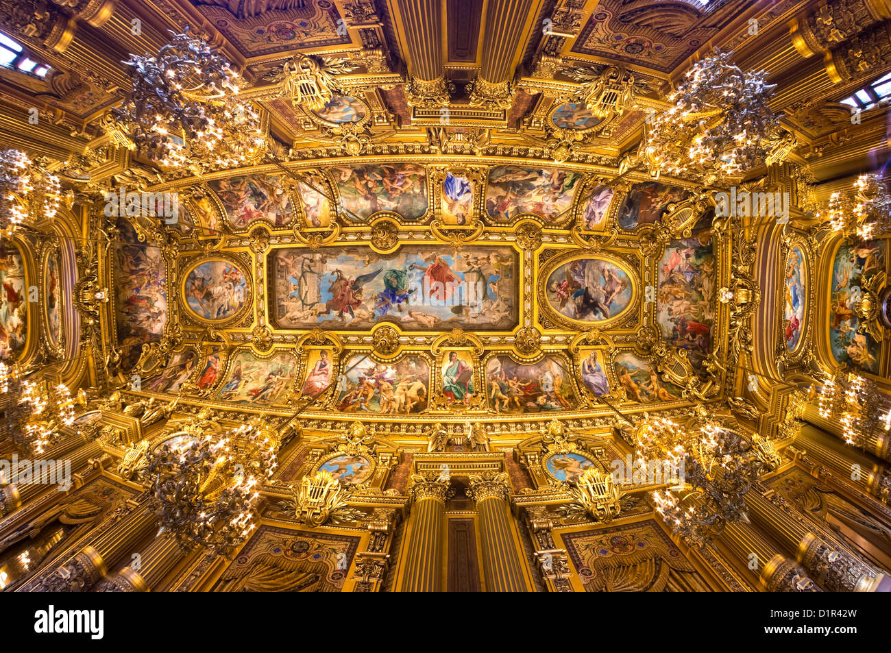 Paris: Fish eye view of Opera Garnier's beautiful ceiling Stock Photo