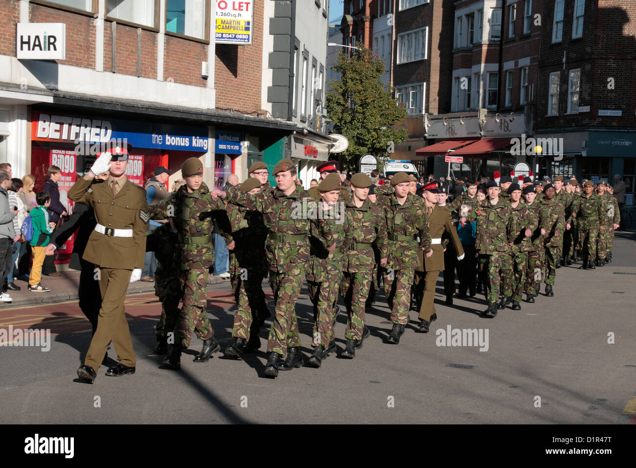 Young army cadets on the Remembrance Sunday Parade in Kingston upon Thames, UK. 11th Nov 2012 Stock Photo