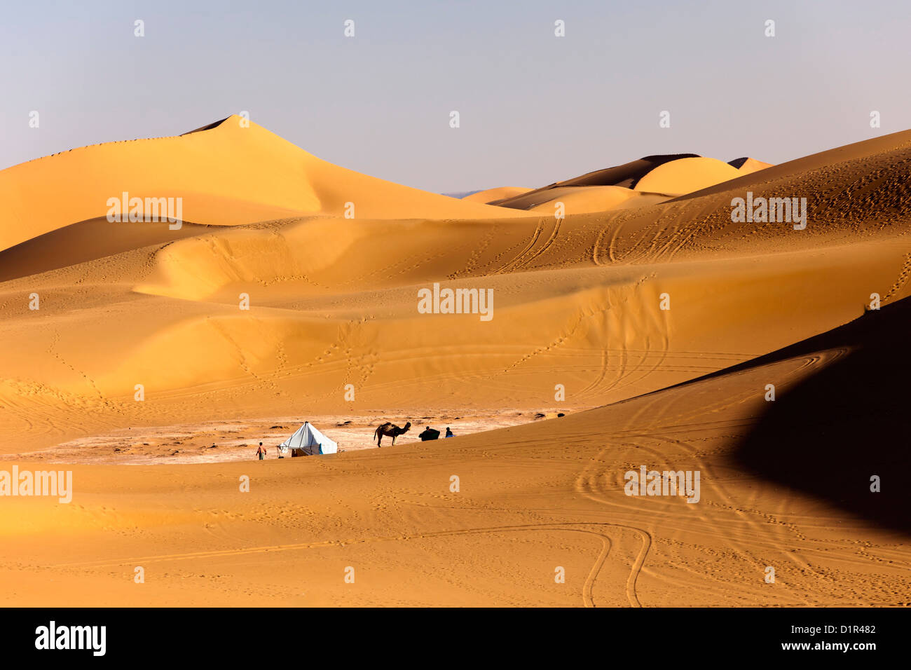 Morocco, M'Hamid, Erg Chigaga sand dunes. Sahara desert. Tourist camp, bivouac. Stock Photo