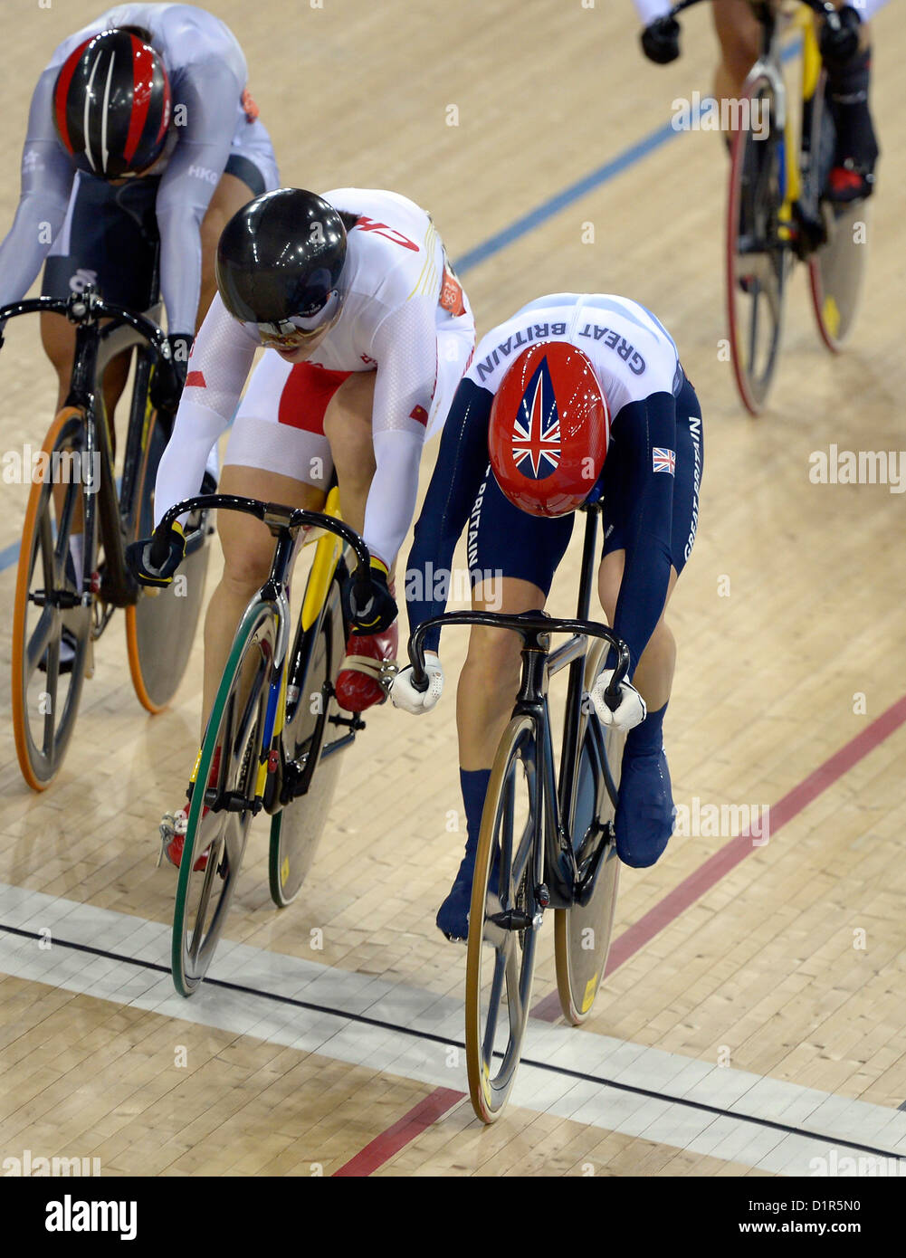 Victoria Pendleton (GBR, Great Britain, right) crosses the line first. Track Cycling Stock Photo