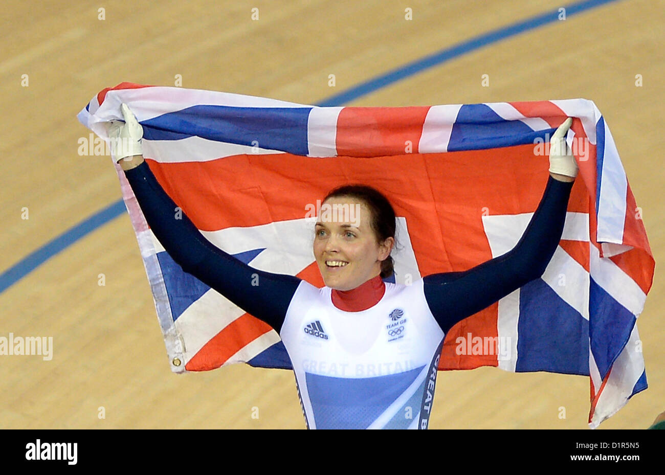 Victoria Pendleton (GBR, Great Britain) with The Union flag. Track Cycling Stock Photo