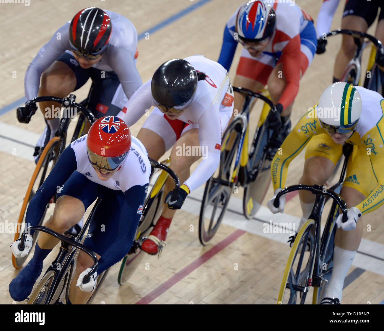 Victoria Pendleton (GBR, Great Britain) takes the lead. Track Cycling Stock Photo