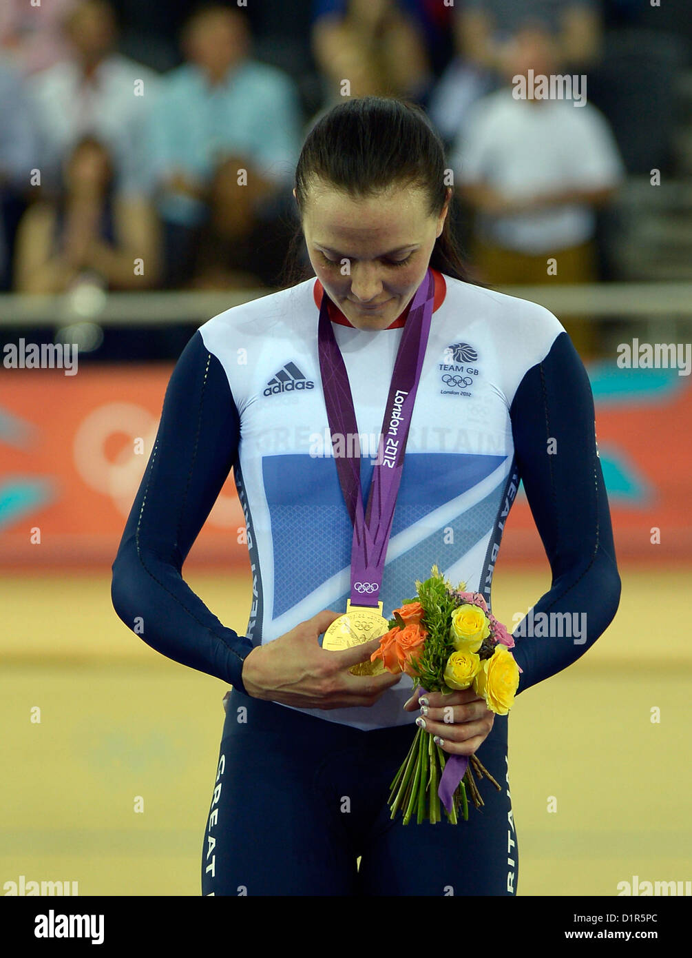 Victoria Pendleton (GBR, Great Britain) with her gold medal. Track Cycling Stock Photo