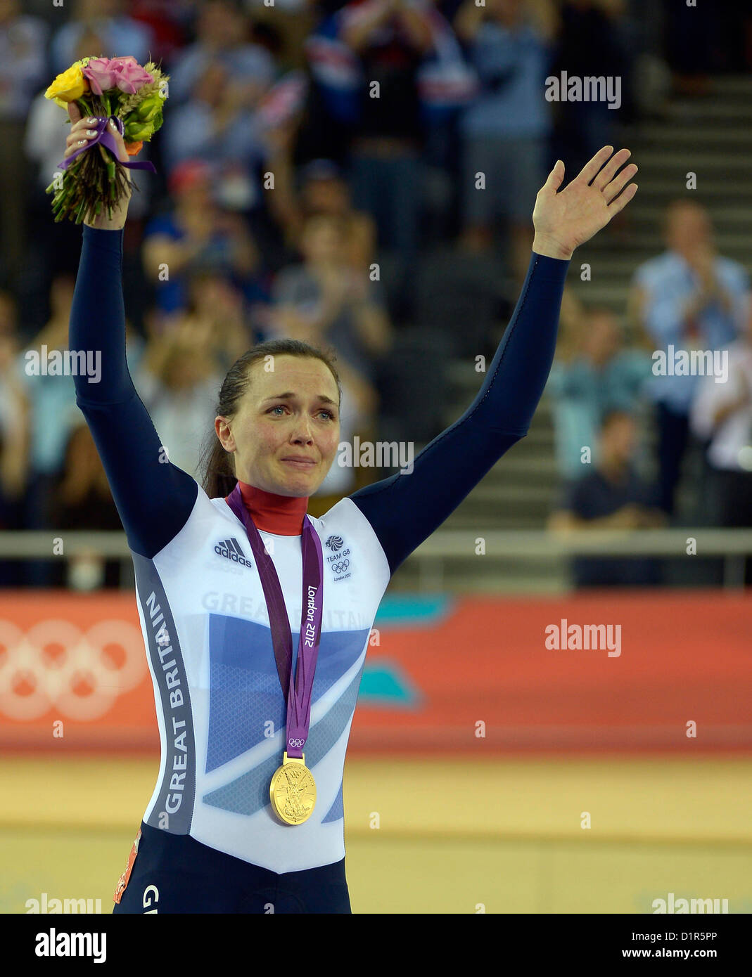 Victoria Pendleton (GBR, Great Britain) with her gold medal. Track Cycling Stock Photo