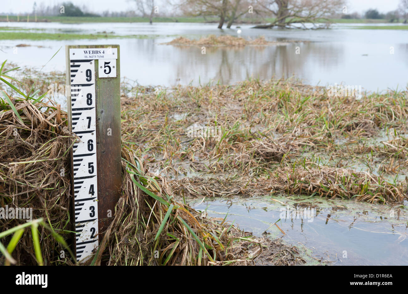 Flood depth gauge near the river Great Ouse Cambridgeshire UK Stock