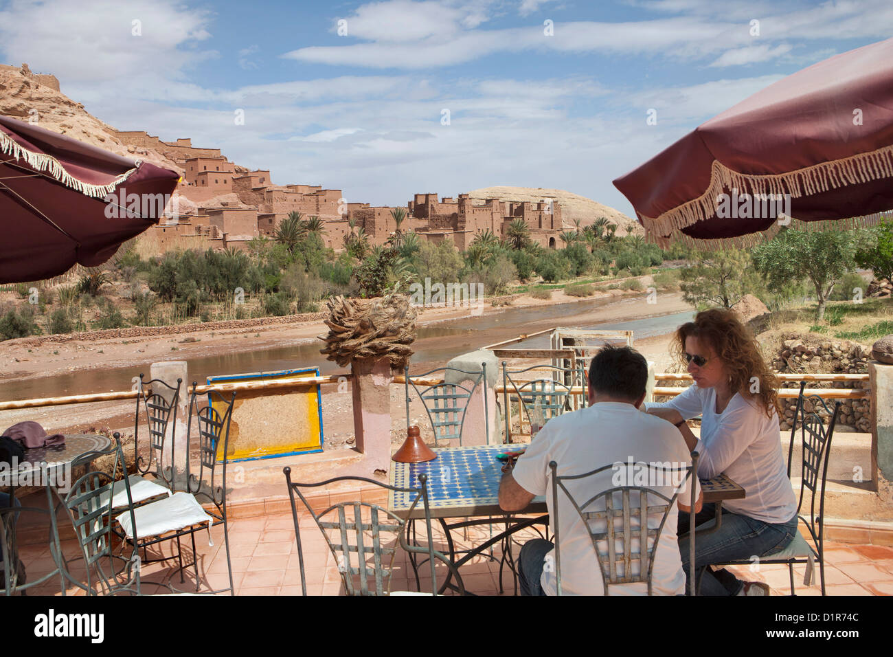 Morocco, Ait Ben Haddou, Ancient fortress or kasbah or ksar. Outdoor terrace. Stock Photo