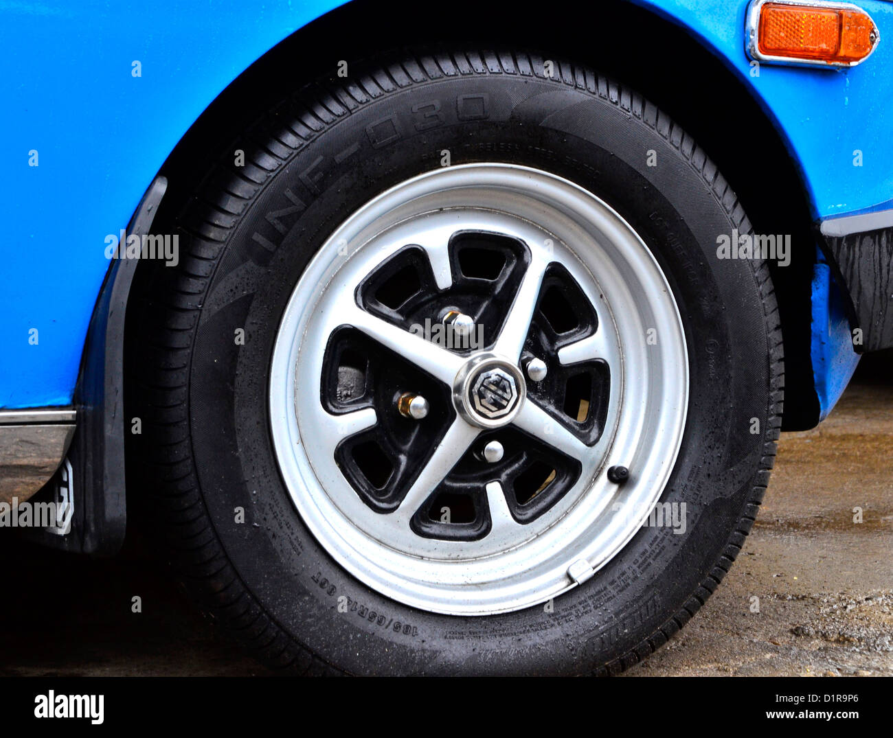 Rostyle Wheel on a MG Midget sports car from the 1970s Stock Photo