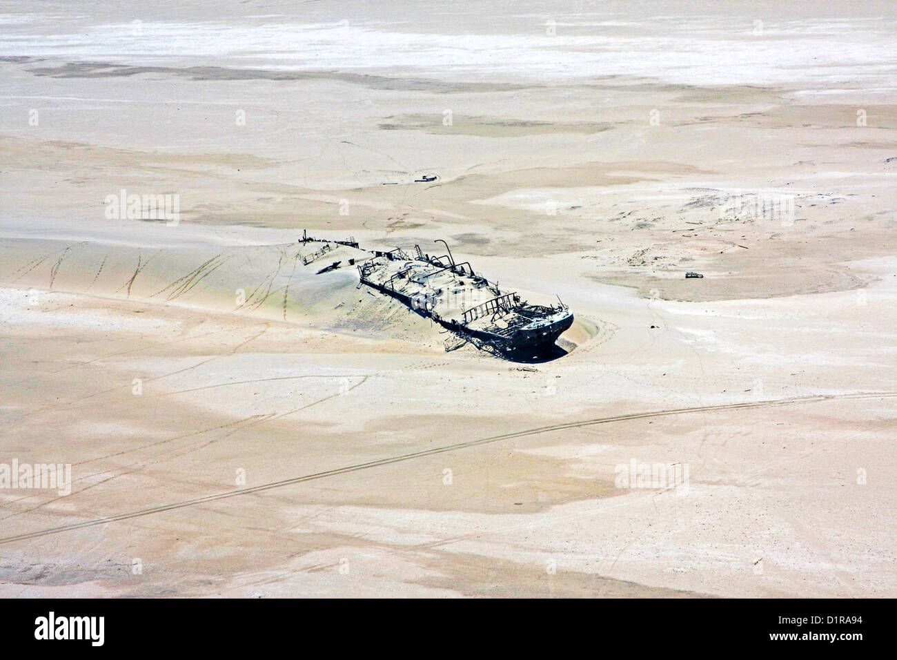One of the many old ships wrecked on the infamous Skeleton Coast beaches Stock Photo