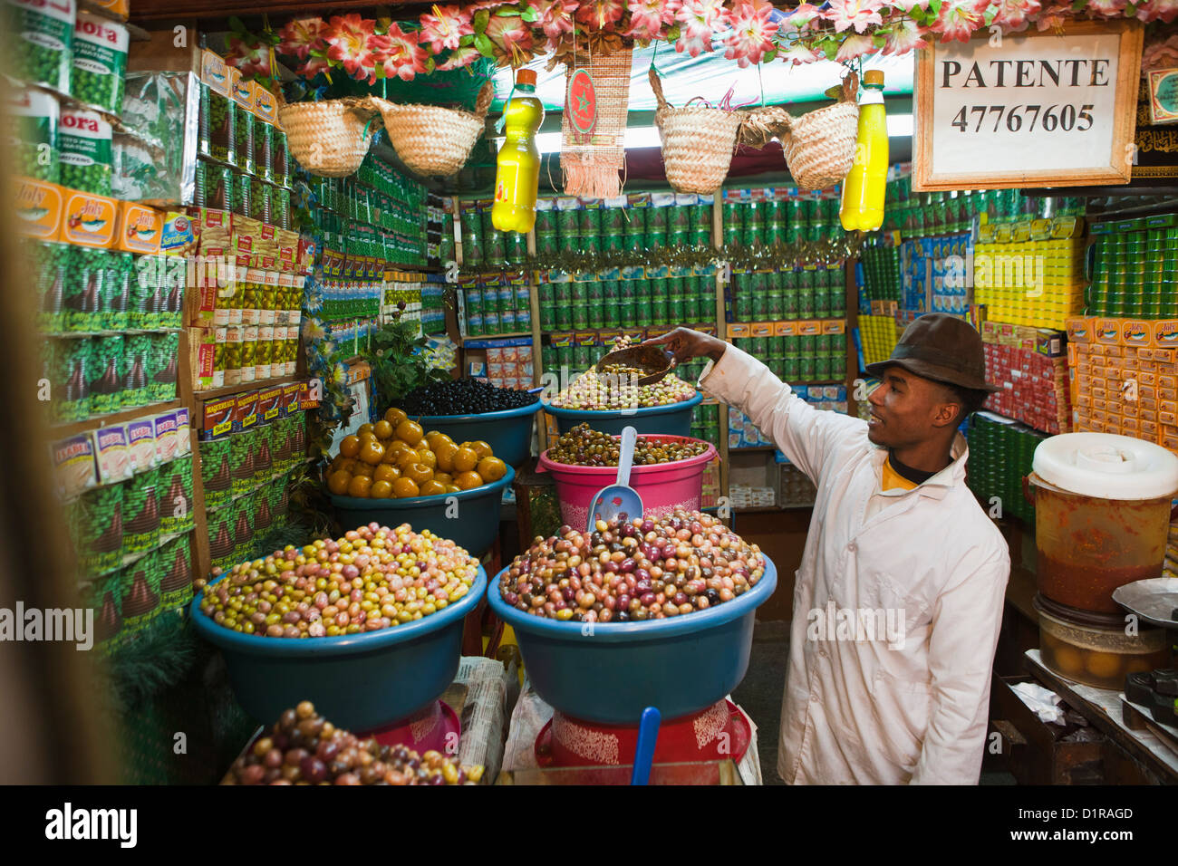 Morocco, Zagora, Olives seller. Stock Photo