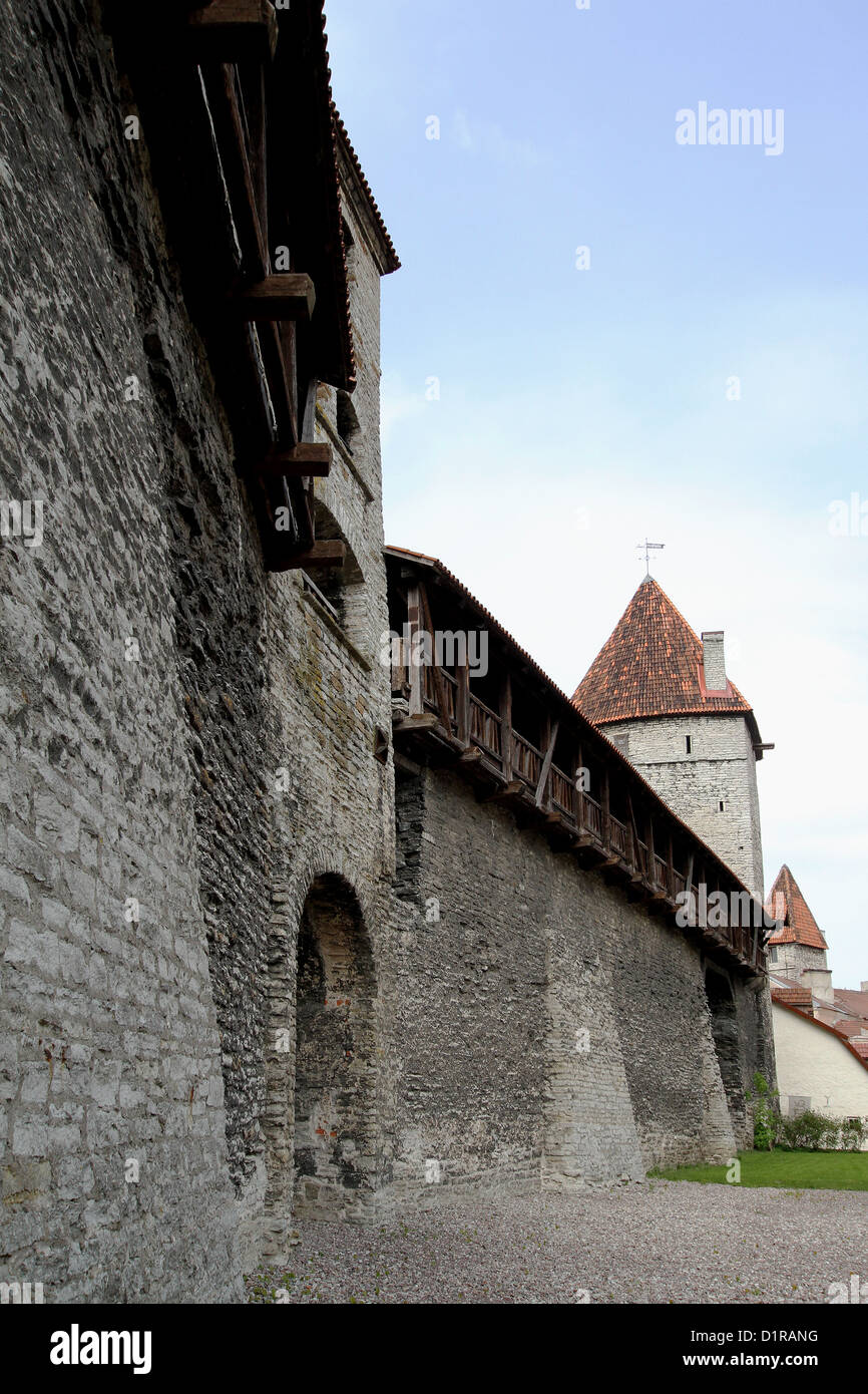 City wall and watch towers in the medieval old town area of Tallinn Estonia Stock Photo