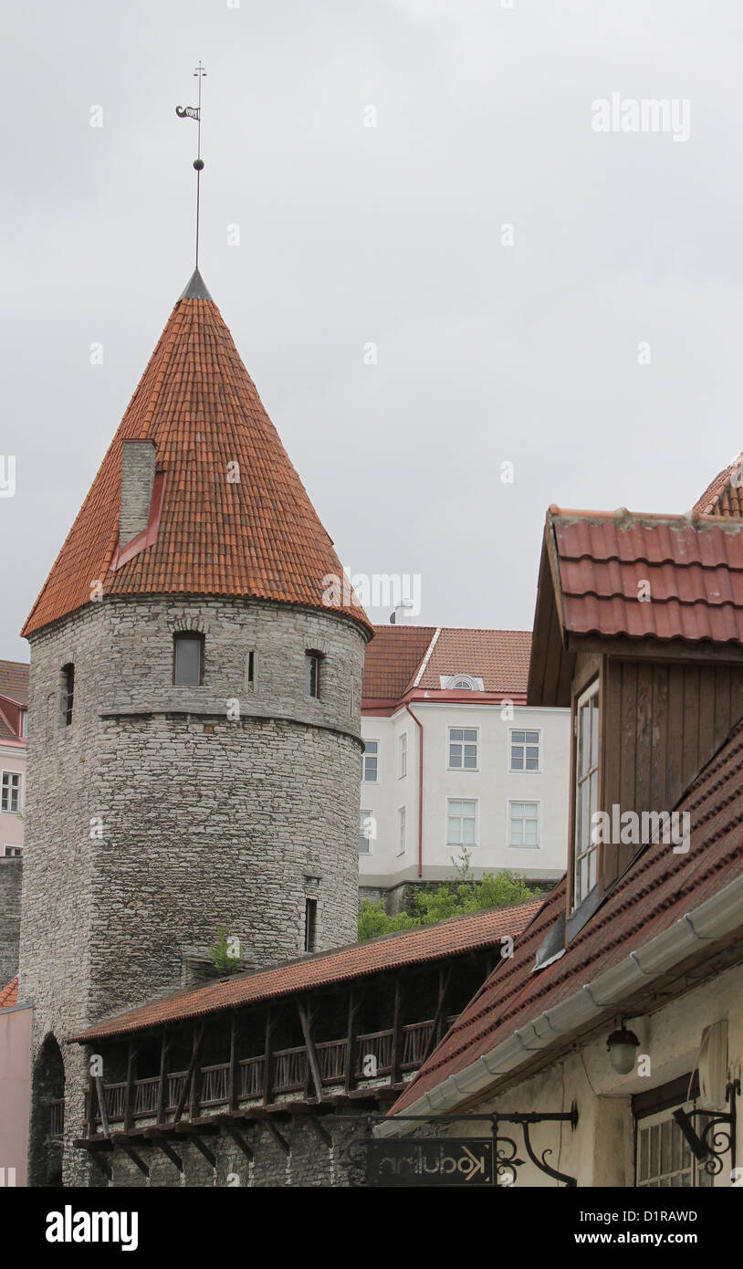 City wall and watch tower in the medieval old town area of Tallinn Estonia Stock Photo