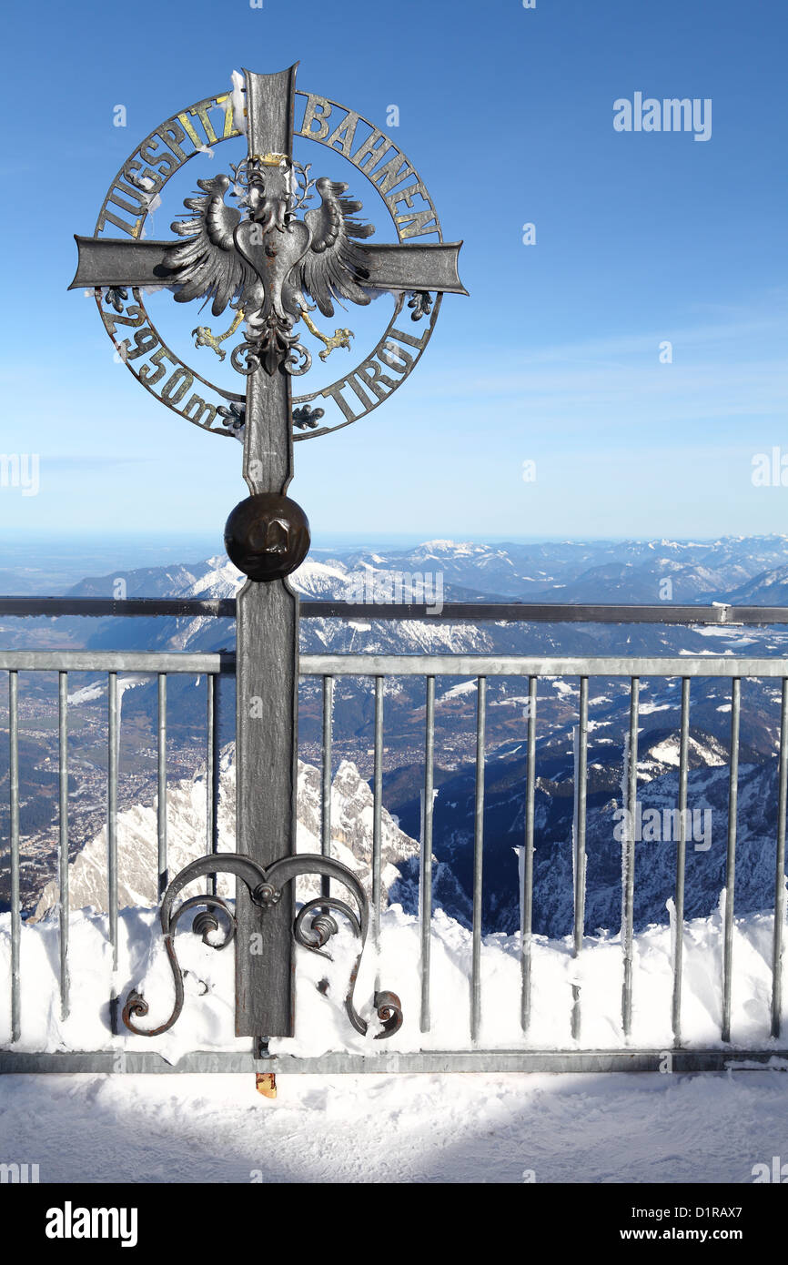 sign on Zugspitze mountain peak and European Alps as a background Stock Photo