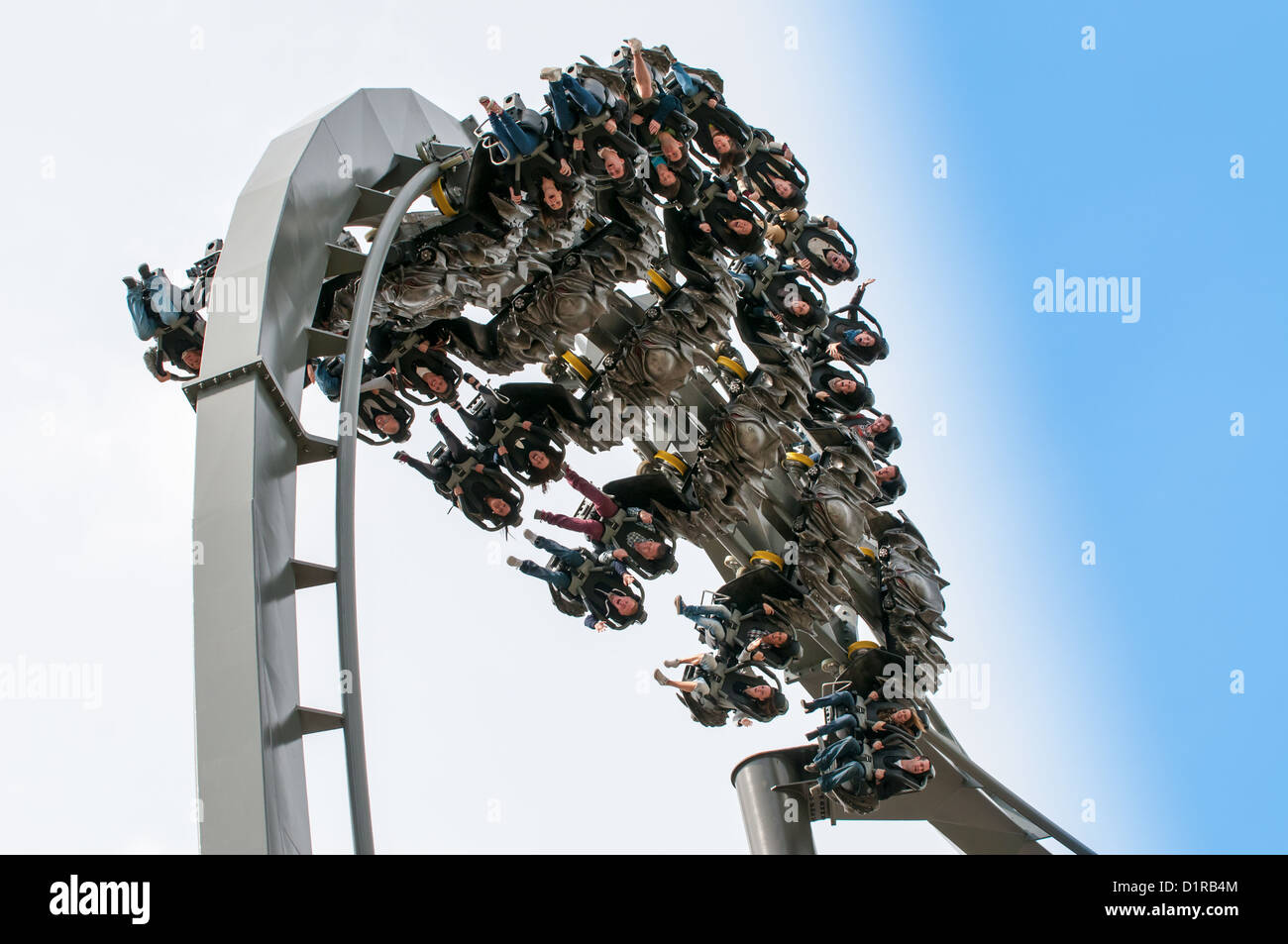 The Swarm roller coaster ride. Thorpe Park Theme Park, Surrey, England, UK. Pleasure park and ride fun day out. (Close up) Stock Photo